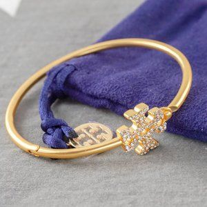 Tory Burch Eleanor Pavé Hinged Cuff Bangle Bracelet Tory Gold (NEW + dust bag)